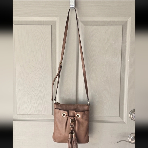 Michael Kors Leather Crossbody Bag Women's Brown Pebble Tassels Logo Small - Picture 5 of 13